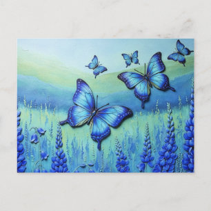 Cartão Postal De Festividades Borboletas Azuis com Flores Azuis,