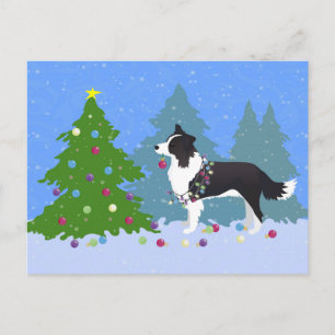 Cartão Postal De Festividades Borda Cachorro Decorando Árvore de Natal