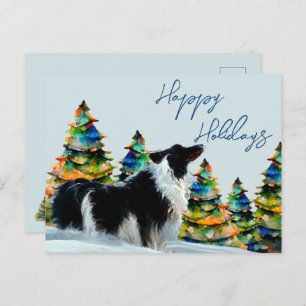 Cartão Postal De Festividades Borda Collie na Árvore de Natal da Neve de inverno