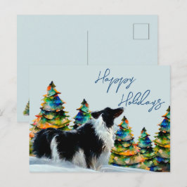Cartão Postal De Festividades Border Collie na Árvore de Natal na Neve de Invern