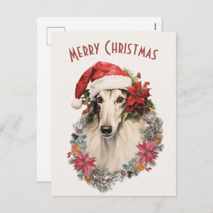 Cartão Postal De Festividades Borzoi Dog Santa Hat Red Poinsettias Natal
