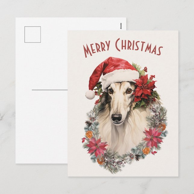 Cartão Postal De Festividades Borzoi Dog Santa Hat Red Poinsettias Natal (Frente/Verso)