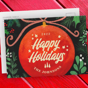 Cartão Postal De Festividades Botânica de Ornamento de Bola Vermelha Moderna de