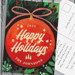 Cartão Postal De Festividades Botânica de Ornamento de Bola Vermelha Moderna de<br><div class="desc">Design é composto por um Enfeites de natal vermelho sobre um fundo escuro. Adicione o nome da sua família,  o ano e a mensagem personalizada. Disponível aqui: http://www.zazzle.com/store/selectpartysupplies</div>