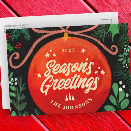 Cartão Postal De Festividades Botânica de Ornamento de Bola Vermelha Moderna de 