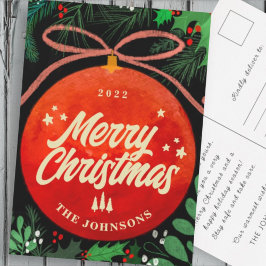 Cartão Postal De Festividades Botânica de Ornamento de Bola Vermelha Moderna de 