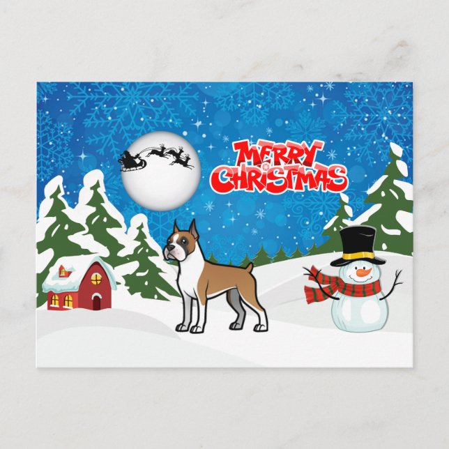 Cartão Postal De Festividades Boxer Feliz De Natal Com Um Neve E Papais noeis (Frente)