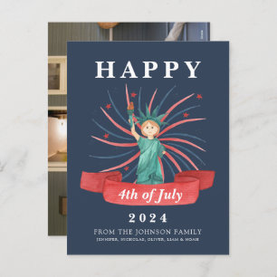 Cartão Postal De Festividades Branco Vermelho e Azul, Patriótico, Cute, 4 de jul