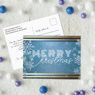 Cartão Postal De Festividades Brilhante Glitter Azul Floco de Neve Prata Natal