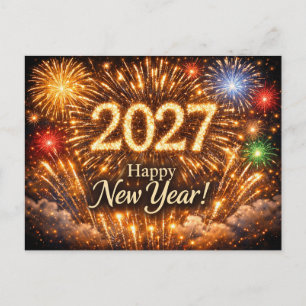 Cartão Postal De Festividades Brilhantes Fogos de Artifício Dourados Feliz Ano N