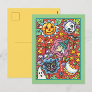 CARTÃO POSTAL DE FESTIVIDADES BRINCADEIRA, GATO, FANTASMA, COLORIDA HALLOWEEN FO