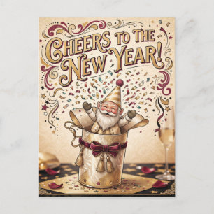 Cartão Postal De Festividades "Brindemos ao Ano Novo!" com Gnome em uma Caixa de