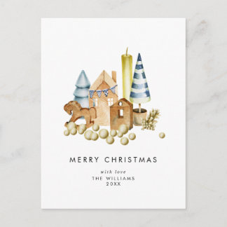 Cartão Postal De Festividades Brinquedos de Natal em Aquarela Retro