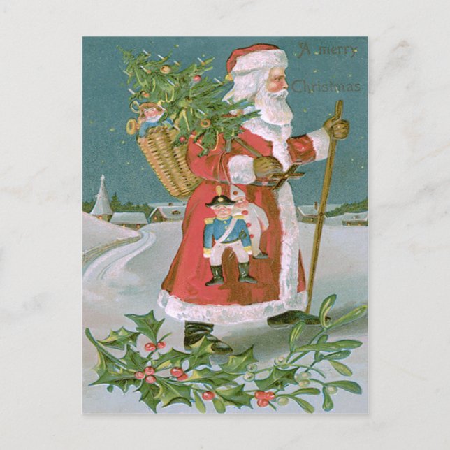 Cartão Postal De Festividades Brinquedos de Natal Santa Claus Holly (Frente)