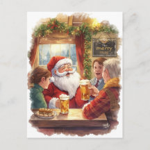 British Christmas Card with Santa Claus at Pub