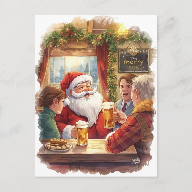 Cartão Postal De Festividades British Christmas Card with Santa Claus at Pub (Frente)
