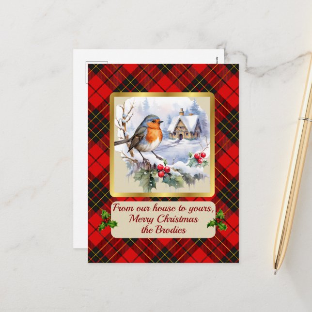 Cartão Postal De Festividades Brodie Crest & Tartan w/Robin Personalizado (Frente/Verso In Situ)