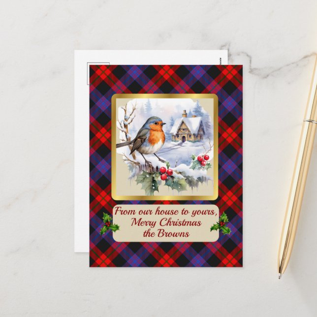 Cartão Postal De Festividades Brown Crest & Tartan w/Robin Personalizado (Frente/Verso In Situ)