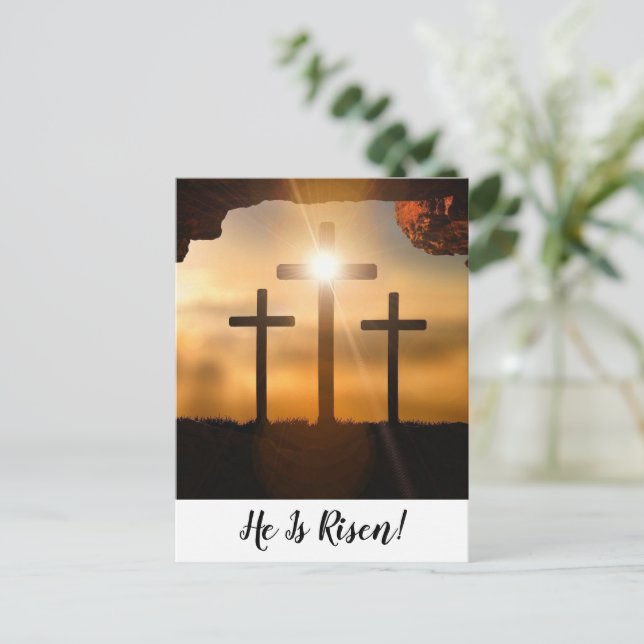 Cartão Postal De Festividades Brown Crosses He Is Risen Christian Happy Easter (Em pé/Frente)