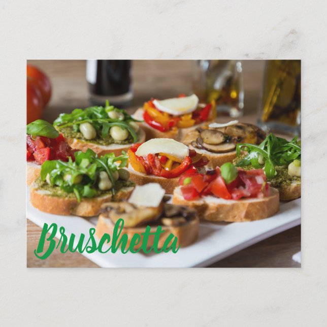 Cartão Postal De Festividades Bruschetta Antipasti com feijão e arugula, (Frente)