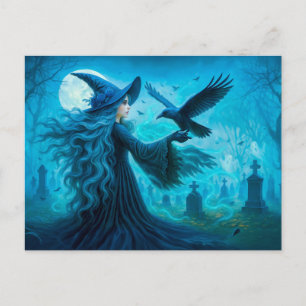 Cartão Postal De Festividades Bruxa com corvo em cemitério luonado