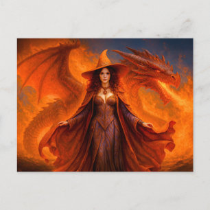 Cartão Postal De Festividades Bruxa com dragão vermelho e fogo ardente