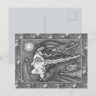 CARTÃO POSTAL DE FESTIVIDADES BRUXA DE ESPAÇO DE FICÇÃO CIENTÍFICA & GATO COMETA
