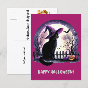 Cartão Postal De Festividades Bruxa de Gato Negro e Feliz Halloween