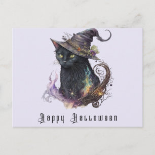 Cartão Postal De Festividades Bruxa de Gato Preto Chapéu Roxo Claro Feliz Hallow