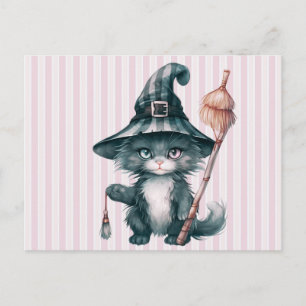 Cartão Postal De Festividades Bruxa de Gato Preto Chapéu Vassoura Listras Rosa H