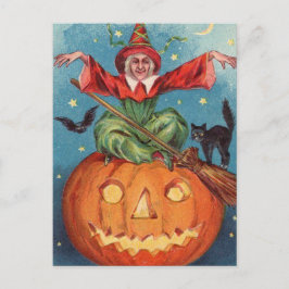 Cartão Postal De Festividades Bruxa de Halloween, Pumpkin & Owl Vintage