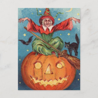 Cartão Postal De Festividades Bruxa de Halloween, Pumpkin & Owl Vintage