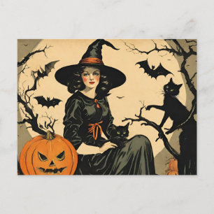 Cartão Postal De Festividades Bruxa de Halloween Vintage, Abóbora, Gato Negro, M