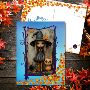 Cartão Postal De Festividades Bruxa Encantadora de Halloween e Gato Abóbora