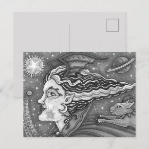 CARTÃO POSTAL DE FESTIVIDADES BRUXA ESPAÇO FICÇÃO CIENTÍFICA & GATO COMETA PRETO