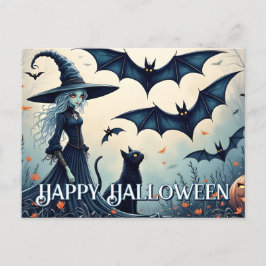 Cartão Postal De Festividades Bruxa, Gato Preto e Morcegos no Céu do Crepúsculo