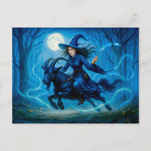 Cartão Postal De Festividades Bruxa montando um bode através da floresta enluara