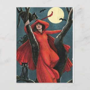Cartão Postal De Festividades Bruxa Vermelha Halloween e Vintage Gato Negro