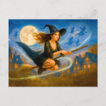 Bruxa voadora sobre telhados de aldeia sob lua che