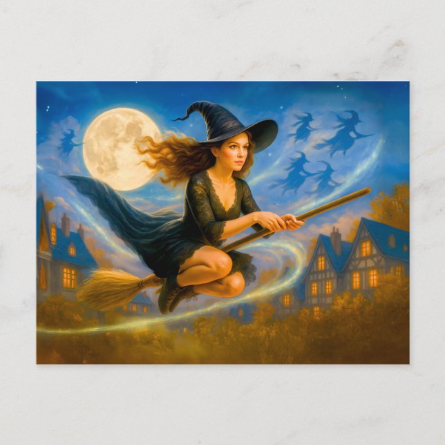 Cartão Postal De Festividades Bruxa voando sobre telhados de aldeia sob lua chei (Frente)
