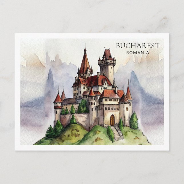 Cartão Postal De Festividades Bucareste Romênia | Arte de Aquarela de Cidade Ant (Frente)