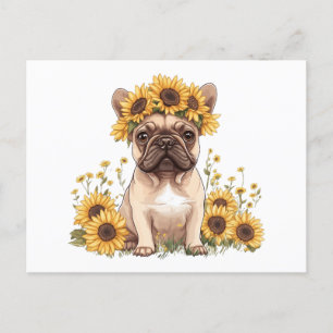 Cartão Postal De Festividades Buldogue Francês Cercado Por Girassóis