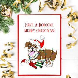 Cartão Postal De Festividades Bulldog Inglês Com Luzes de Natal Feliz Natal