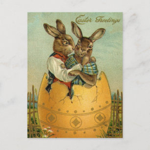 Cartão Postal De Festividades Bunnies em um Ovo Dourado, Páscoa vitoriana veneno