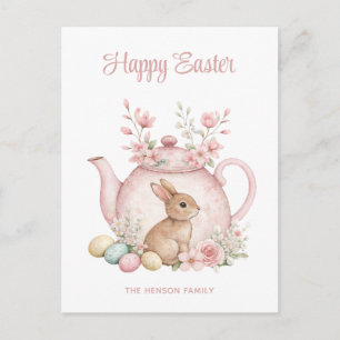 Cartão Postal De Festividades Bunny Personalizado & Bule Floral Rosa Feliz Pásco