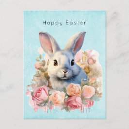 Cartão Postal De Festividades Bunny with a Garland of Roses Cute Easter