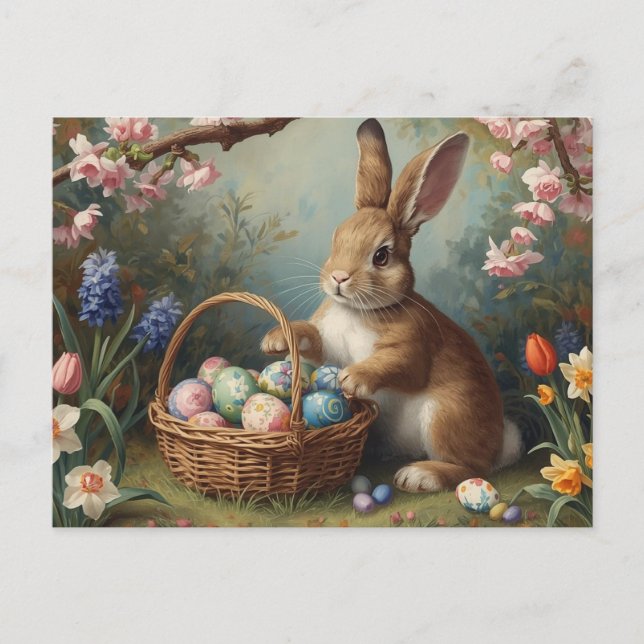 Cartão Postal De Festividades Bunny with Easter Egg Basket and Spring Garden  (Frente)