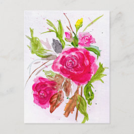 Cartão Postal De Festividades Buquê de aquarelas de rosas de jardim vermelho