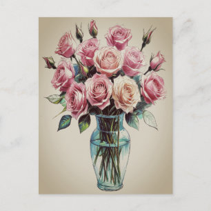 Cartão Postal De Festividades Buquê de Flores de Rosas em Flor Vaso Desenho Artí