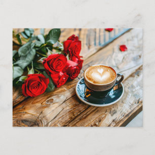 Cartão Postal De Festividades Buquê de rosa vermelha com coração de Cappuccino